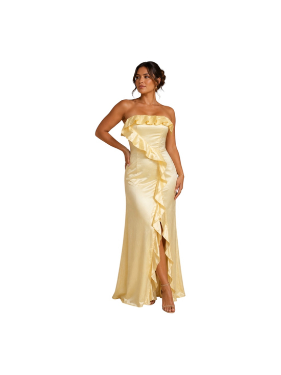 Lulus Dresses & Skirts - Lulus Yellow Satin Strapless Ruffle Maxi Dress Women’s Small NWT Formal Gown